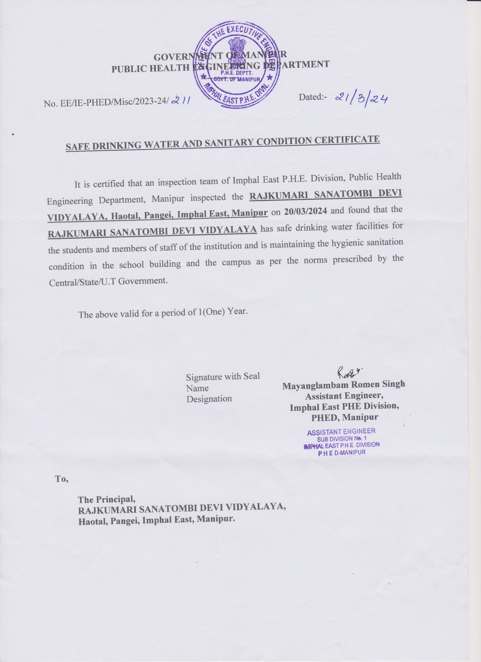 Water  & Sanitary Certificate 